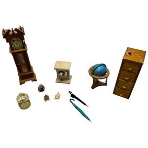 Miniature Dollhouse Accessory Set: Globe Grandfather Clock Birdcage Vases Umbrel